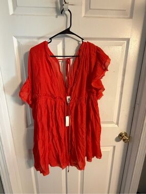 LAWLESS Red Flutter-Sleeve Mini Dress with Tie Detail